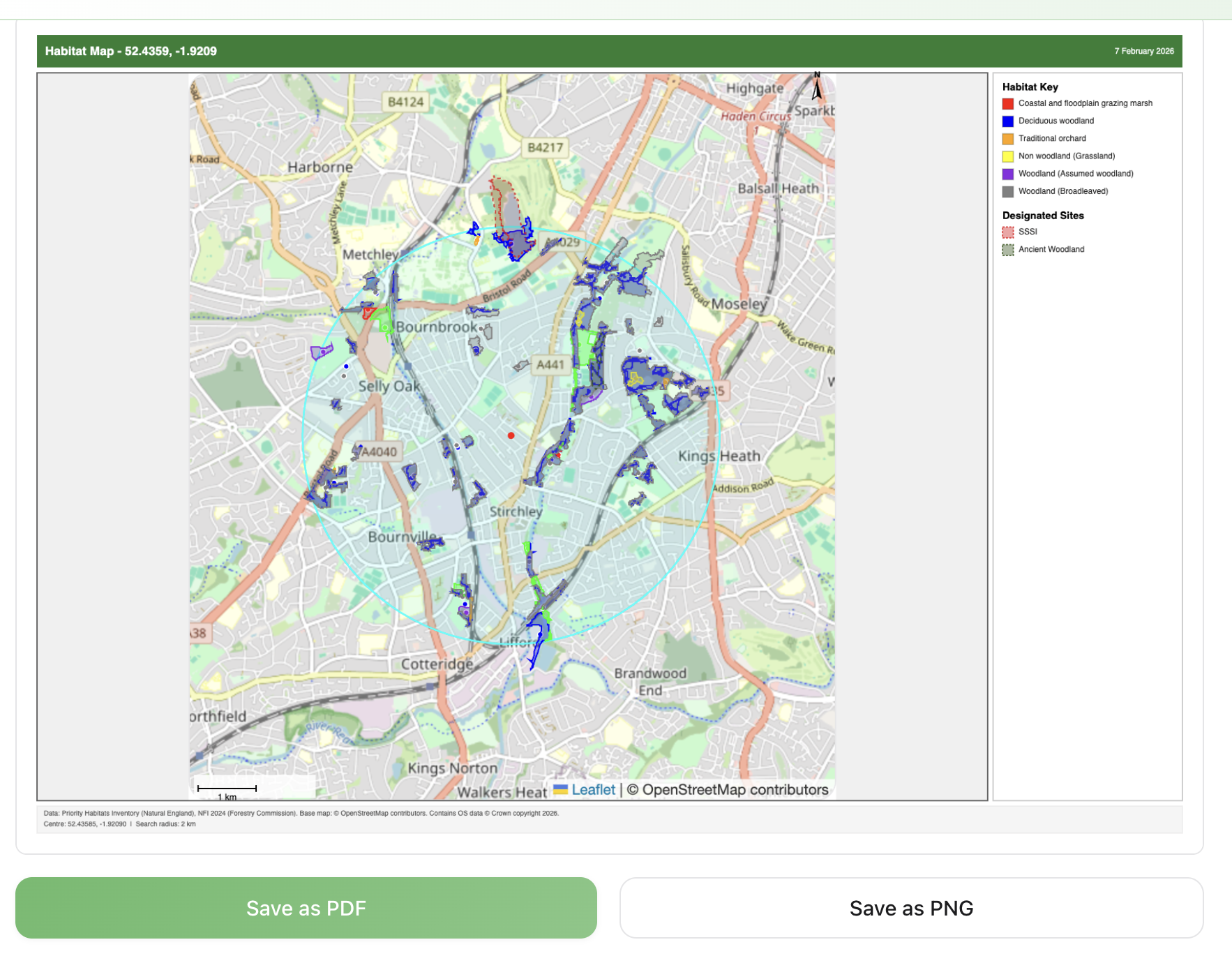 Habitat map with priority habitats, designated sites, habitat key, and export to PDF or PNG