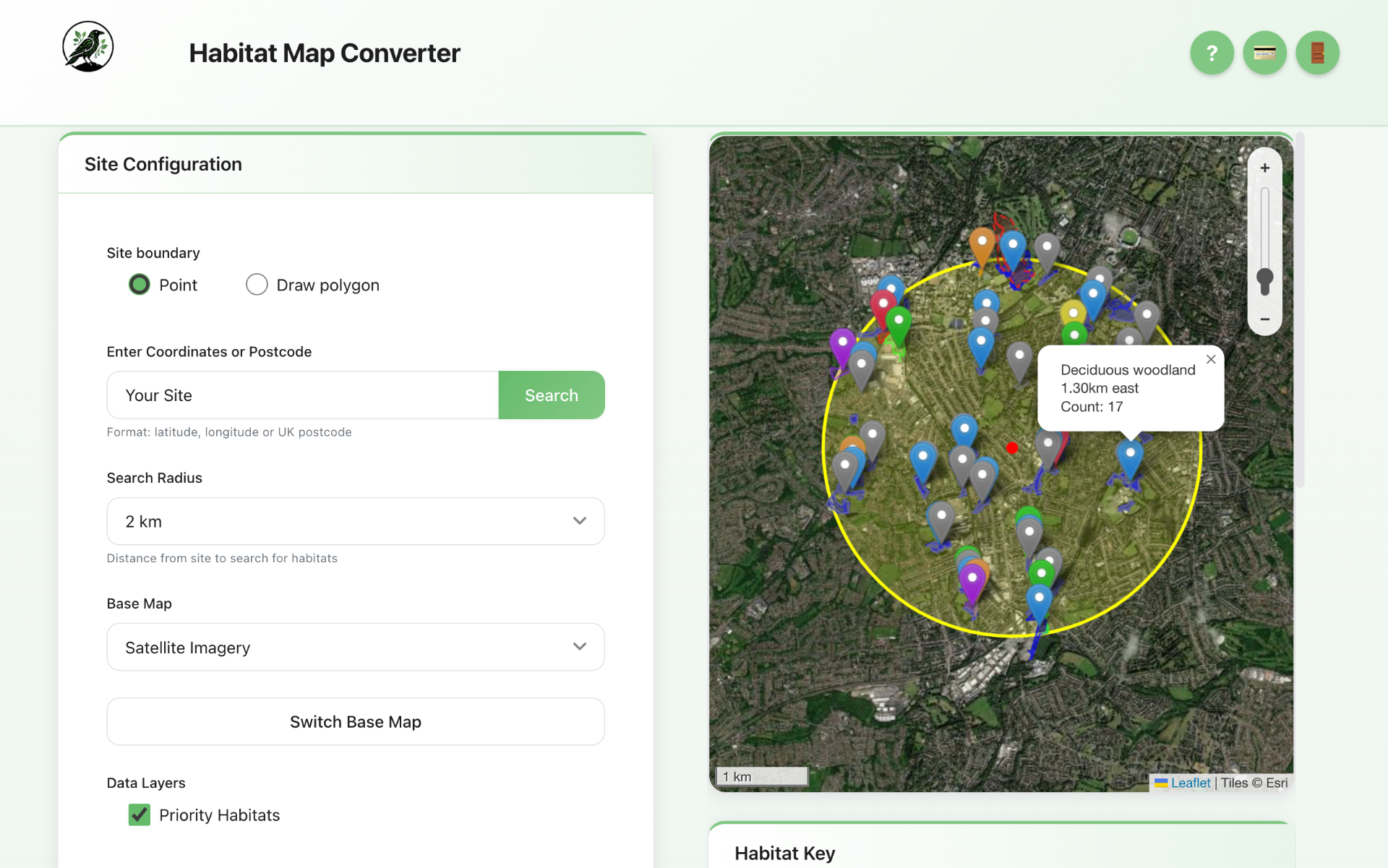 Habitat App showing detected habitats on interactive map with distances