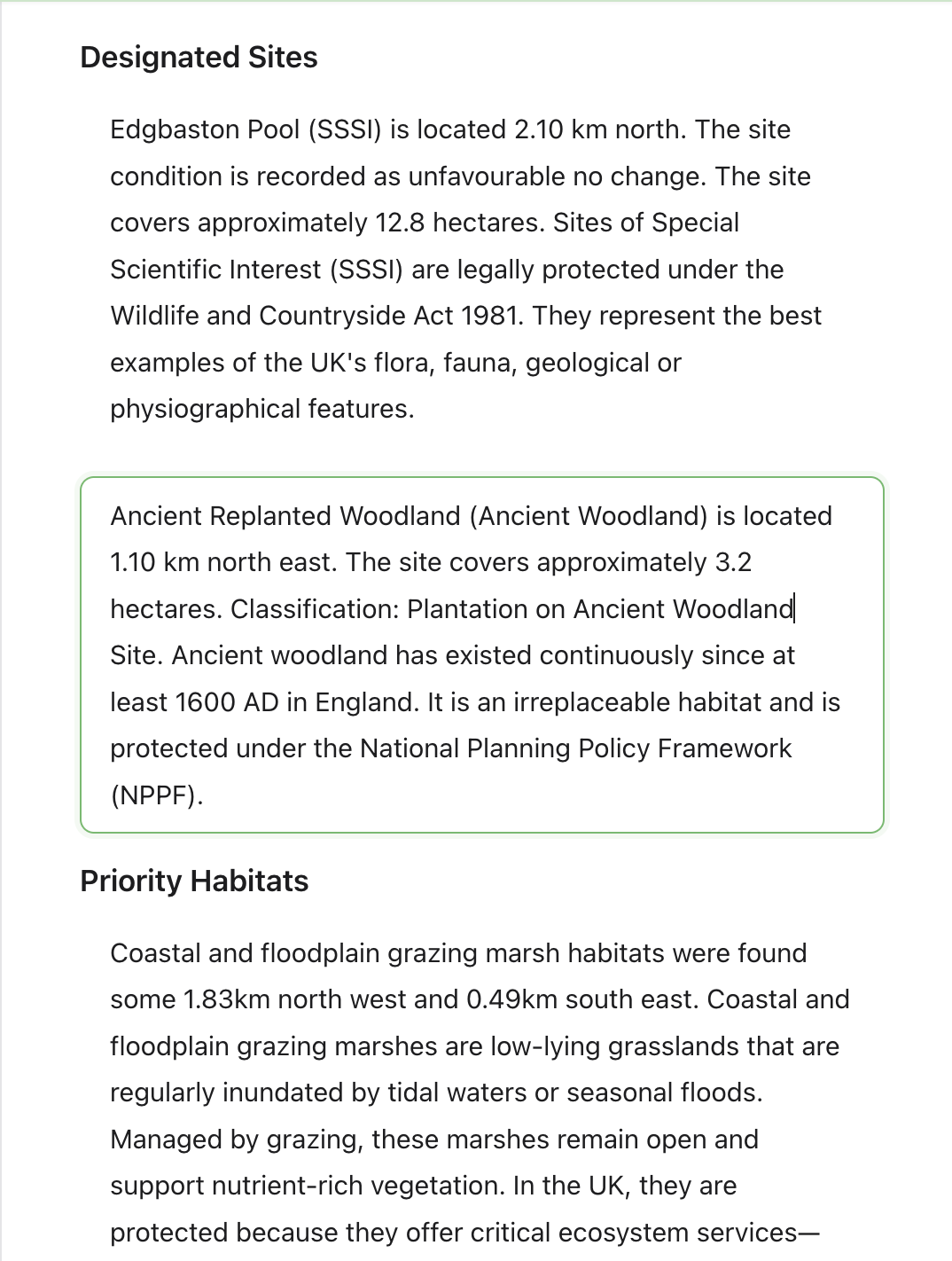 Generated paragraphs for designated sites and priority habitats with distances